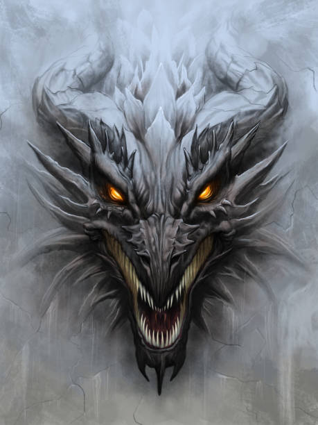 illustrazioni stock, clip art, cartoni animati e icone di tendenza di testa di drago su sfondo di pietra - draghi