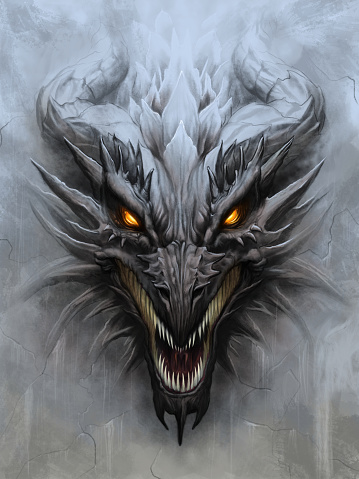 Dragon head on the gray stone background. Digital painting.