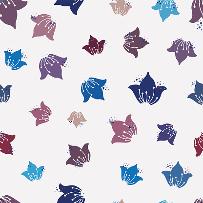 Childish burgundy blue flowers seamless pattern Background. Cute Drawn Bluebells, girly feminine, great for summer or spring textile print, wallpapers, banners, invitations, gift wrapping decorative