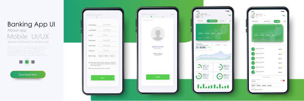 ilustrações, clipart, desenhos animados e ícones de banking app ui, ux kit para aplicativo móvel responsivo ou site com layout gui diferente, incluindo login, criar conta, perfil, transações e telas de notificação. ilustração do vetor - user interface