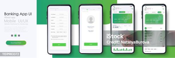 Banking App Ui Ux Kit For Responsive Mobile App Or Website With Different Gui Layout Including Login Create Account Profile Transaction And Notification Screens Vector Illustration Stock Illustration - Download Image Now