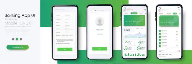 Vector illustration of Banking App UI, UX Kit for responsive mobile app or website with different GUI layout including Login, Create Account, Profile, Transaction and Notification screens. Vector illustration