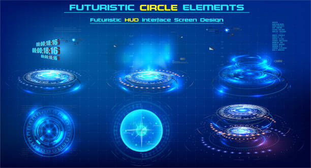 ilustraciones, imágenes clip art, dibujos animados e iconos de stock de elementos de ciencia ficción círculo moderno para movimiento gráfico. la tecnología futurista da forma a los elementos hud. conjunto abstracto. elemento de diseño circular. conjunto de elementos para vídeo o ilustraciones del futuro. - hud interfaz de usuario gráfica