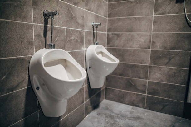 Two urinals in modern toilette, no people.