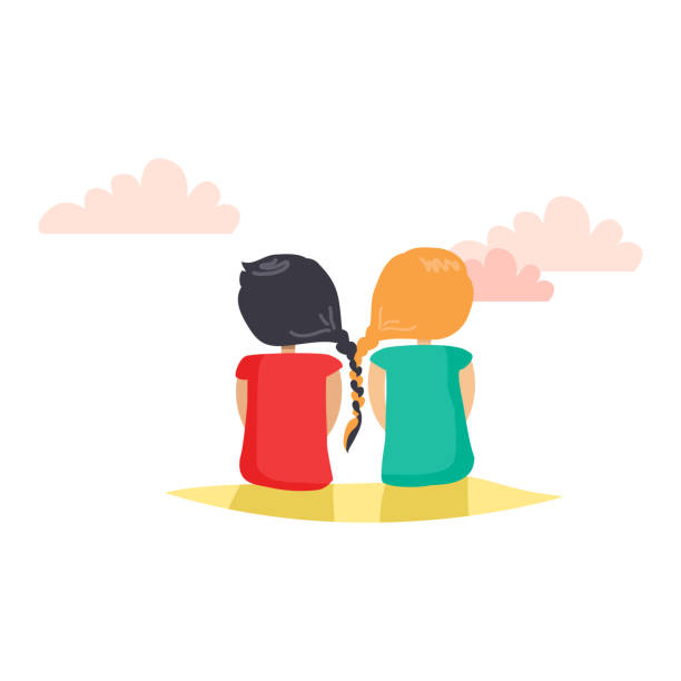 Two Girls with Closely Interwoven Braids. Vector Two girls with closely interwoven braids. Friends sitting on ground and looking at far away. Vector web banner about friendship in cartoon style. Friends day fun pastime with loved reliable friend. forever friends stock illustrations