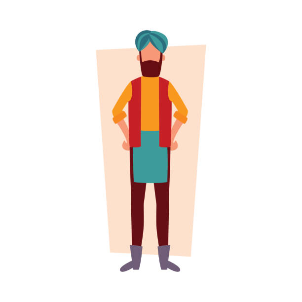 Indian man in traditional clothes standing with arms akimbo flat cartoon style Indian man in traditional clothes standing with arms akimbo flat cartoon style, vector illustration on white background. Full face or front view of bearded male in turban Kurta stock illustrations