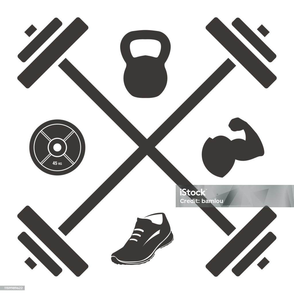 Logo Barbell Cross With Kettlebell Plate Shoe And Muscled Arm Icons Stock  Illustration - Download Image Now - iStock