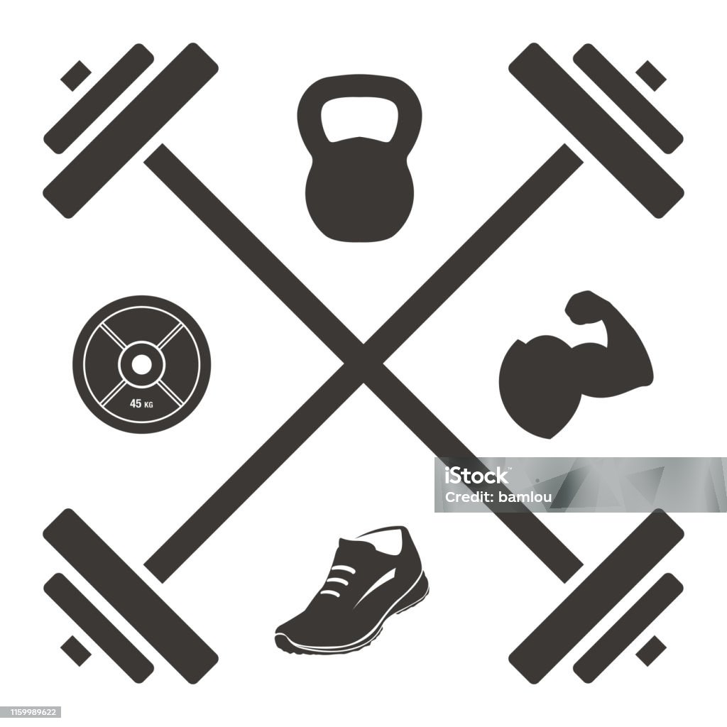 Logo Barbell Cross With Kettlebell Plate Shoe And Muscled Arm Icons Stock Illustration - Download Image Now - iStock Logo Barbell Cross With Kettlebell Plate Shoe And Muscled Arm Icons Stock Illustration - Download Image Now - iStock