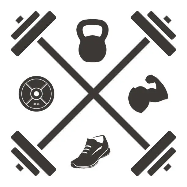 Vector illustration of Logo Barbell Cross with Kettlebell Plate Shoe and Muscled Arm Icons