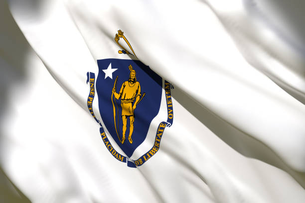 rendu 3d du drapeau d'état du massachusetts - massachusetts flag state insignia photos et images de collection