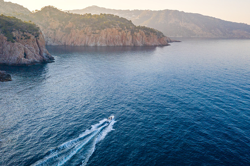 aerial view of a motorboat in the sea, Costa brava. Spain