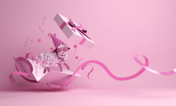 Gift box, confetti, cartoon sheep on pink pastel background.
