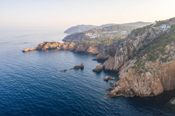 aerial view of costa brava cliffs at sunset, Begur, Spain