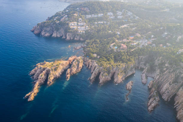 aerial view of costa brava cliffs at sunset, Begur, Spain