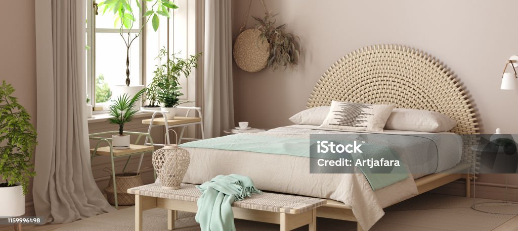 Scandinavian bedroom interior with bed in pastel beige and mint colors Scandinavian bedroom interior with bed in pastel beige and mint colors, 3d rendering Bedroom Stock Photo