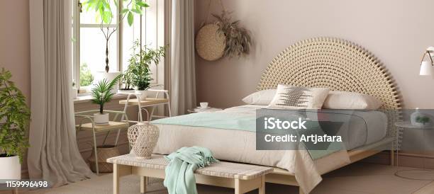 Scandinavian Bedroom Interior With Bed In Pastel Beige And Mint Colors Stock Photo - Download Image Now