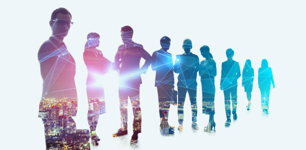 группа бизнесменов и технологическая концепция. - silhouette business men leadership стоковые фото и изображения
