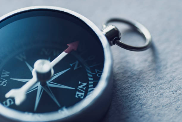 istock black compass close-up shows the direction to move. 1159996647