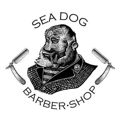 Beard man, captain with pipe between of two razor in engraving style. Vintage style for barbershop or t-shirt design