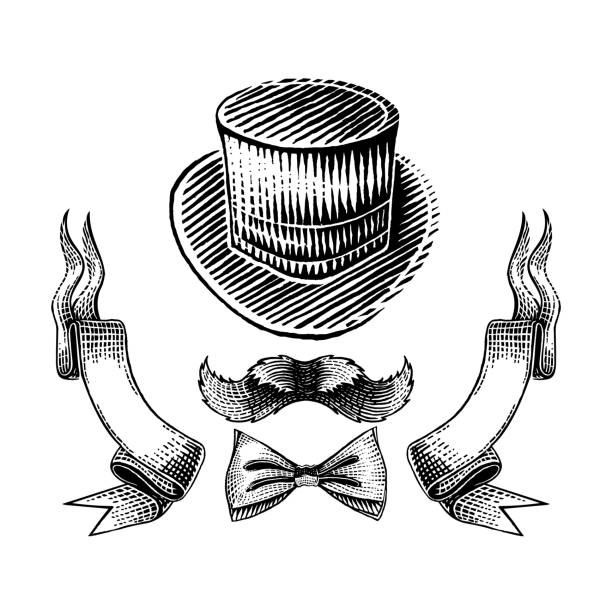 гравировка котелок с bowtie и усы в середине ленты кадр на белом. винтажный стиль для шляпного магазина или парикмахерской дизайн - hat shop stock illustrations