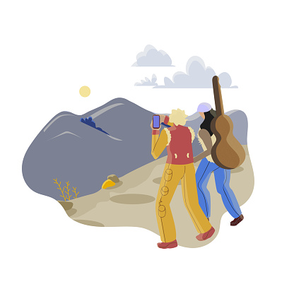 Mountaineering Leisure Activity Flat Illustration. Two Hikers on Mountain Peak Cartoon Vector Characters. Hills, Rocks on Sunrise Horizon. Tourist Taking Photo, Traveler Carrying Guitar