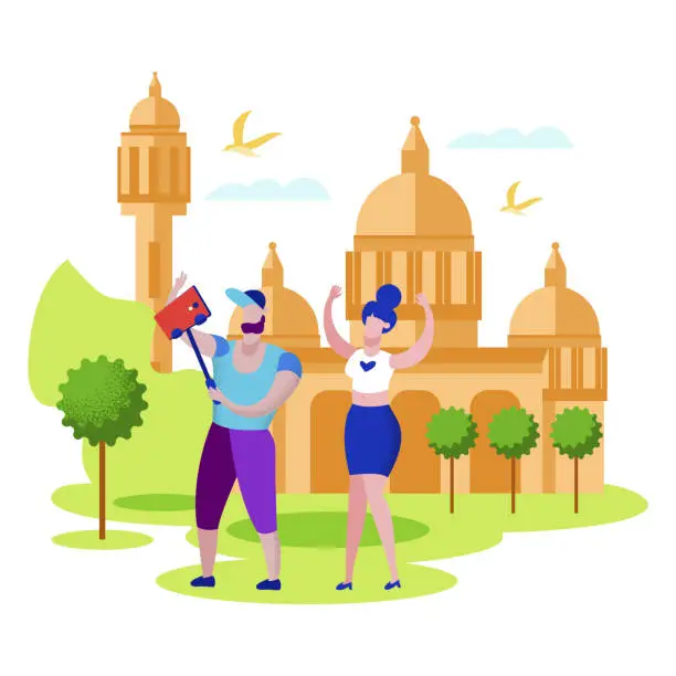 Vector illustration of Happy Couple Traveling to India Making Selfie