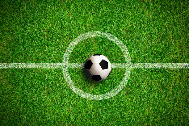 istock Overhead view on isolated soccer ball in field 1160000099