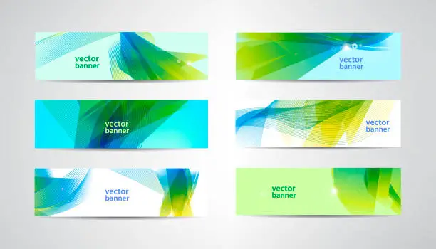 Vector illustration of Vector set of abstract green and blue banners. Wavy, sunny summer backgrounds, headers