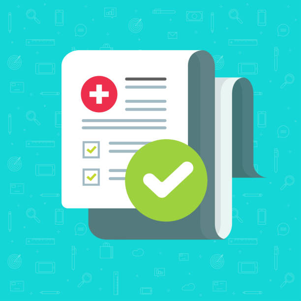 Medical form check list with results data and approved check mark vector icon, flat cartoon clinical checklist document with checkbox, insurance or medicine service concept image Medical form check list with results data and approved check mark vector icon, flat cartoon clinical checklist document with checkbox, insurance or medicine service concept cartoon of medical records stock illustrations