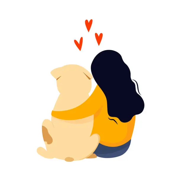 Vector illustration of Sitting girl embrace her dog. Friendship concept