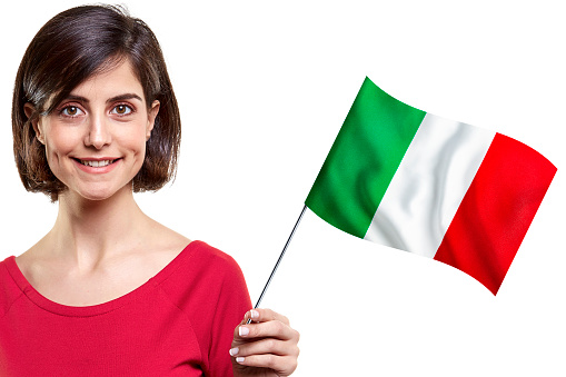 Young Woman Is Holding Italian Flag On White Background