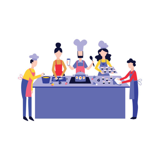 Chef cooking food with team at kitchen table flat cartoon style Chef cooking food with team at kitchen table flat cartoon style, vector illustration isolated on white background. Men and women in aprons preparing meal at restaurant kitchen baker occupation stock illustrations