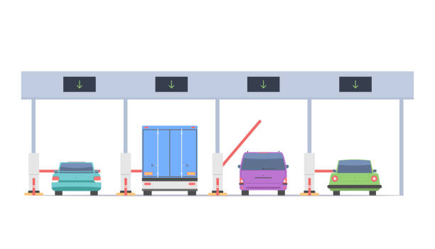 автомобили, проезжающие по платной дороге - toll booth stock illustrations