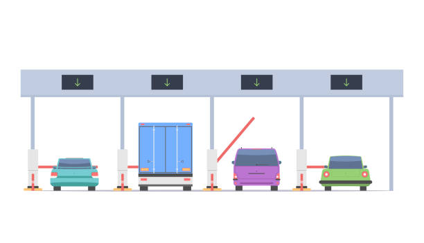 Cars passing on the toll road vector art illustration