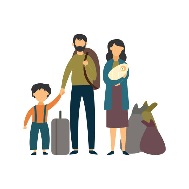 ilustrações de stock, clip art, desenhos animados e ícones de homeless poor or stateless refugee family flat vector illustration isolated. - refugees