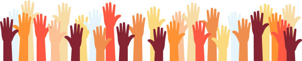 erhöhte hände der freiwilligengruppe, buntes banner - human hand waving human arm high angle view stock-grafiken, -clipart, -cartoons und -symbole