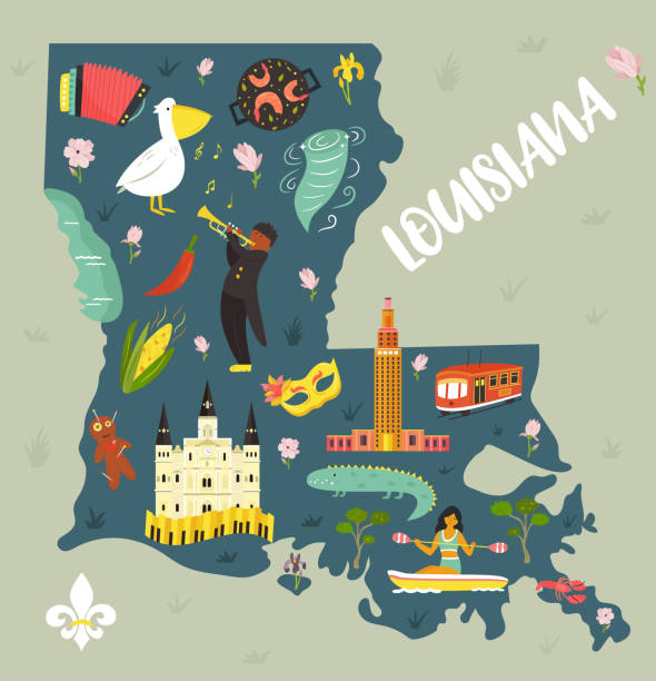 Louisiana Cartoon map with landmarks and symbols. For banners, books, prints, travel guides Louisiana Cartoon map with landmarks and symbols. For banners, books, prints, travel guides louisiana illustrations stock illustrations