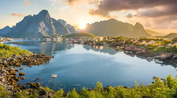 Norway Panoramic view of Lofoten Islands in Norway with sunset scenic