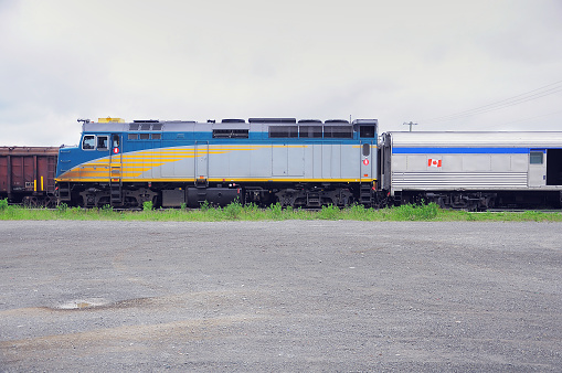 Passenger train to Prince George stands by the platform. Terrace. British Columbia. Canada.