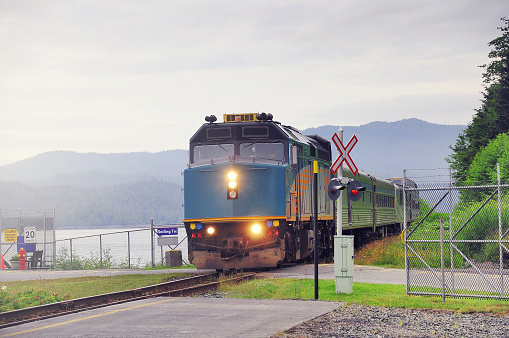 Passenger train to Prince George approaches to the platform. Prince Rupert. British Columbia. Canada.