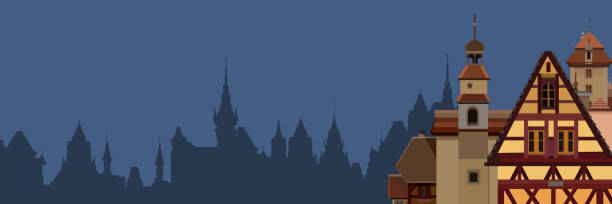фон нарисованный силуэт европейского города с половиной деревянных домов - banner backgrounds medieval history stock illustrations