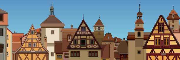 background of a drawn European city with half timbered houses background of a drawn European city with half timbered houses medieval architecture stock illustrations