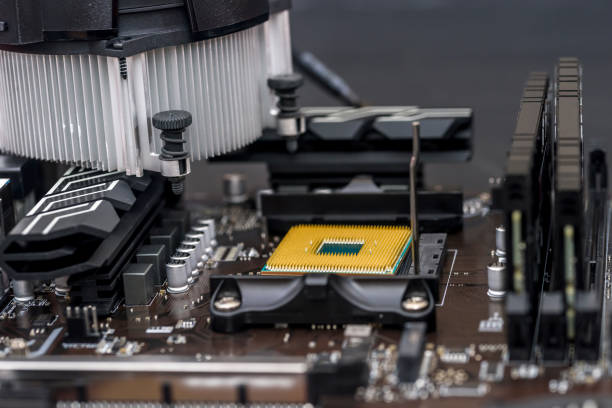 istock Personal computer motherboard with different details close up 1160013435