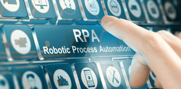 RPA, Robotic Process Automation Concept Woman using a RPA Robotic Process Automation system by pressing a button. Composite image between a hand photography and a 3D background. robotic process automation concept stock pictures, royalty-free photos & images
