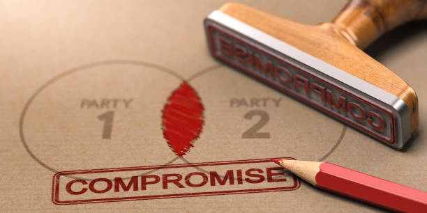 Conflict Resolution, Compromise Between Two Parties 3D illustration of a rubber stamp with the word compromise printed on a brown paper with the text party one and two bridging the gap stock pictures, royalty-free photos & images