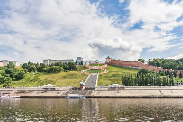 Chkalovskaya stairs and the Kremlin from the river in Nizhny Novgorod in the summer, Russia