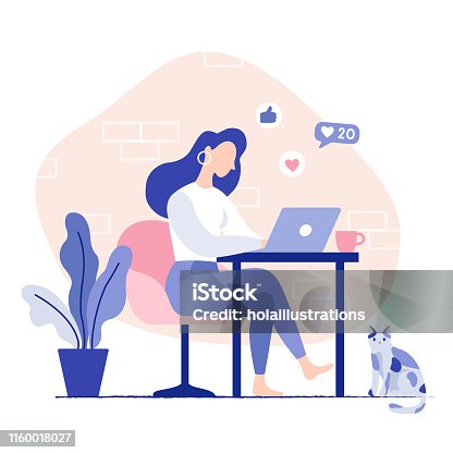 istock Woman sitting on the chair working on the laptop. Freelancer home workplace. 1160018027