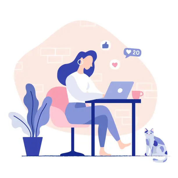 Vector illustration of Woman sitting on the chair working on the laptop. Freelancer home workplace.