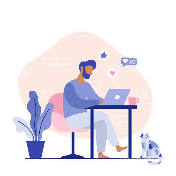 Vector illustration of Freelancer home workplace. Man sitting on the chair working on the laptop.