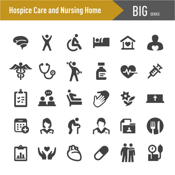 hospicjum opieki i domu opieki ikony - big series - nursing home senior adult home caregiver physical therapy stock illustrations